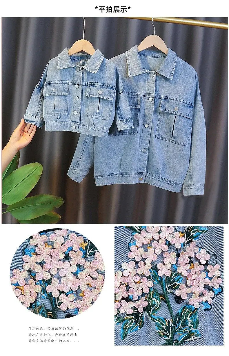 Kids Denim Jackets for Girls Baby New Flower Embroidery Coats Fashion Spring Autumn Children Outwear Ripped Jeans Jackets 1-5Y