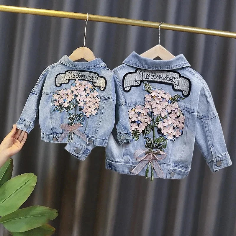 Kids Denim Jackets for Girls Baby New Flower Embroidery Coats Fashion Spring Autumn Children Outwear Ripped Jeans Jackets 1-5Y