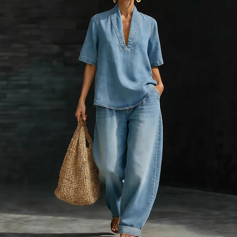 Women's Denim 2 Piece Outfit V-Neck Short Sleeve Loose Top Wide Leg Pants with Pockets Vintage Washed Casual Summer Chic
