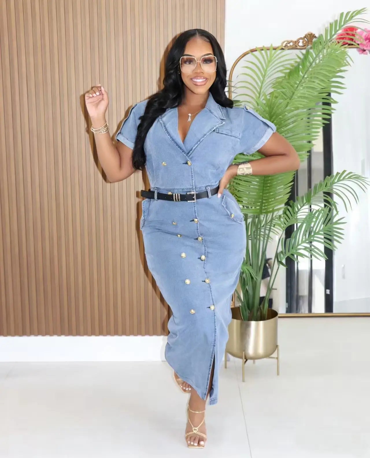 2026 Women's Fashionable Double-Breasted Denim Dress Short-Sleeved Casual Waist Belted New Style