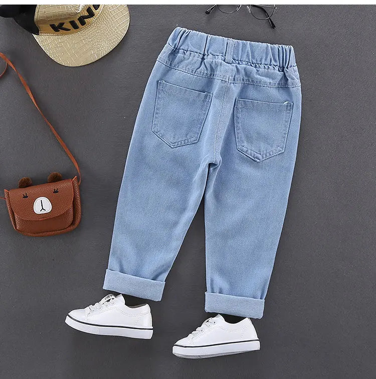 Children Jeans Boys Cotton Print Splice Stretch Denim Pants Korean Teenage Trousers Wear Kids ClothingDenimRipped Spring Autum