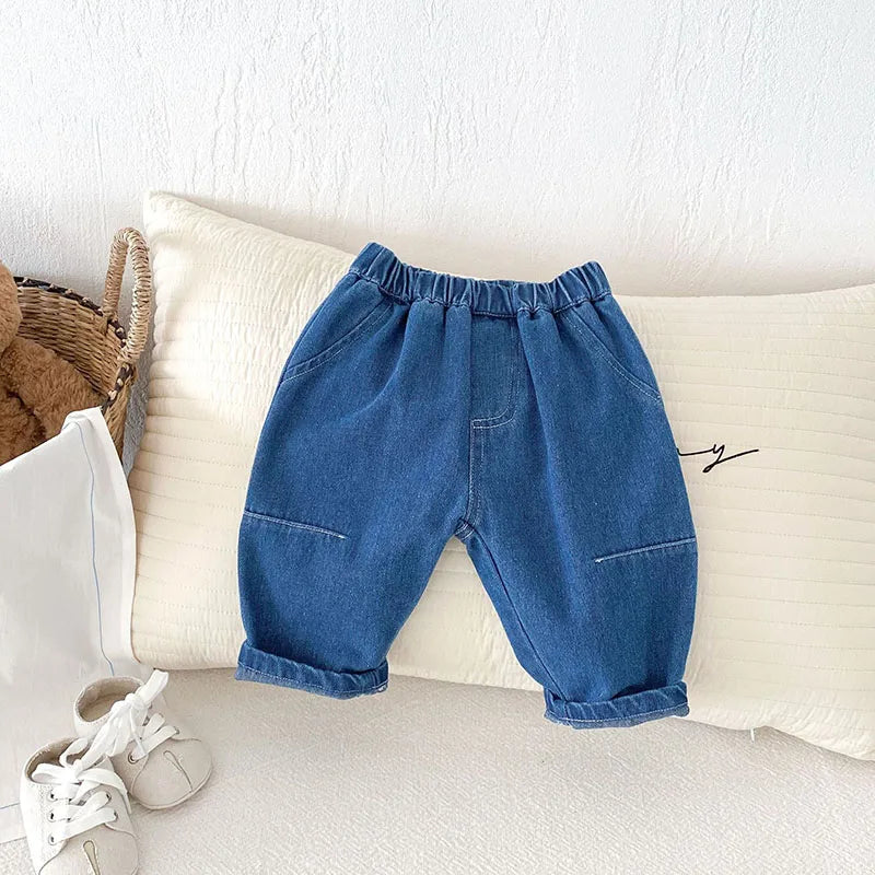 Kids Jeans 9M-5T Children Girls Solid Color Denim Blue Pants Baby Boys Cute Casual Trousers