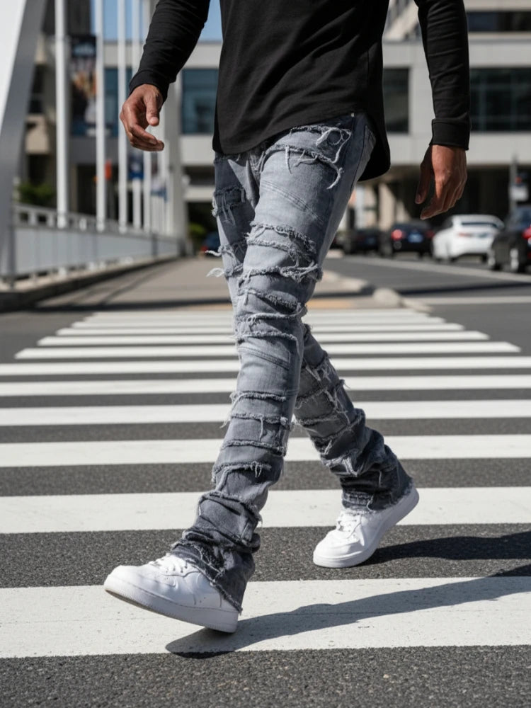 Men's High Street Distressed Stacked Jeans Patchwork Frayed Slim Straight Denim Pants Blue Trendy Fashion Slim Fit Trousers