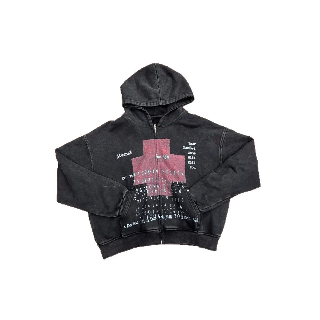 Mens Hoodie Vintage Y2K Streetwear Pullover Gray Sweatshirt Red Cross Print Distressed Style Long Sleeve Casual Dark Fashion