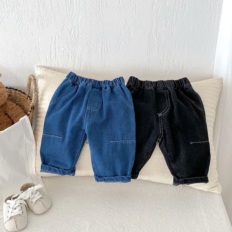 Kids Jeans 9M-5T Children Girls Solid Color Denim Blue Pants Baby Boys Cute Casual Trousers