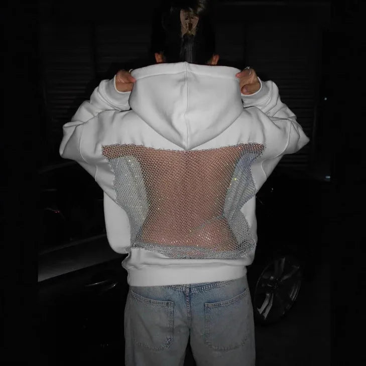 Streetwear Trendy Hoodie Women Fashion Solid Color See Through Backless Hooded Pullover Sweatshirt Female High Street 2025 New