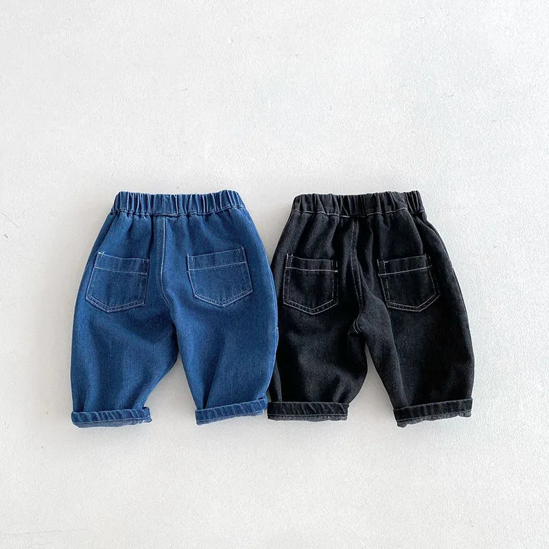 Kids Jeans 9M-5T Children Girls Solid Color Denim Blue Pants Baby Boys Cute Casual Trousers
