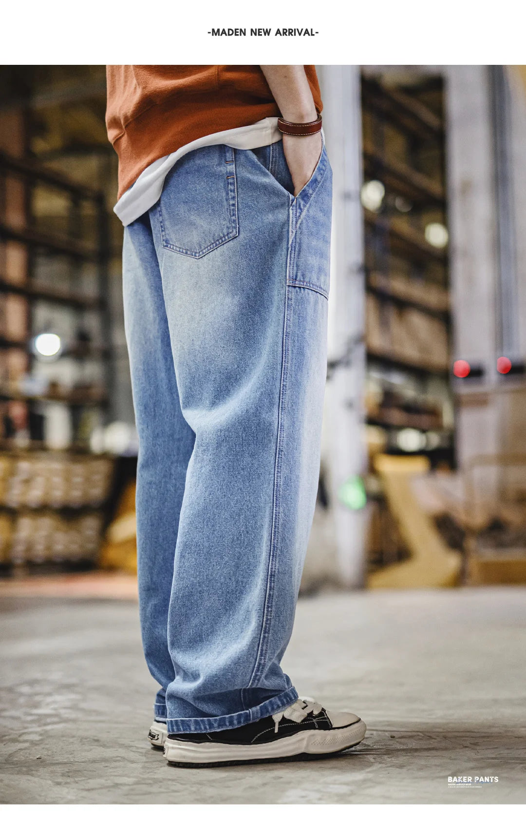 Maden Men's Washed Denim Jeans Wide Leg Straight Pants Elastic Waist Drawstring Loose Fit Casual Trousers for Spring Fall