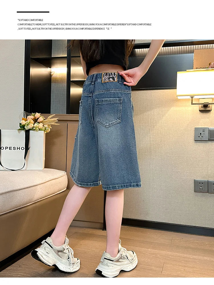 Kids New Summer Denim Shorts For Teen Girls Casual Knee-Length Jeans with Hole Elegant Teenage Child Fashion Shorts Pants 5-14T
