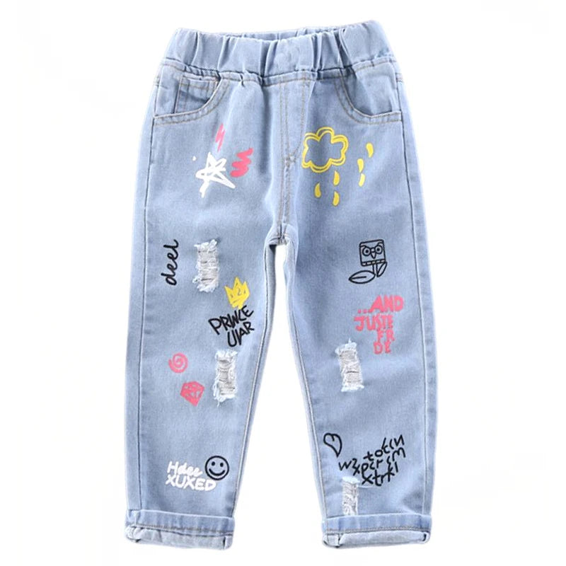 Children Jeans Boys Cotton Print Splice Stretch Denim Pants Korean Teenage Trousers Wear Kids ClothingDenimRipped Spring Autum