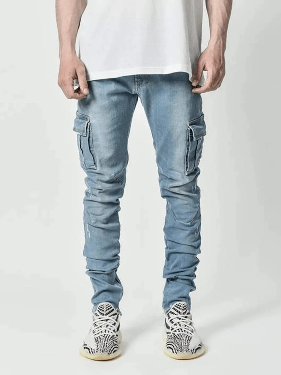 Men's street elastic denim work pants washed solid color multi pocket casual mid waist pants slim fit daily wear jogging pants