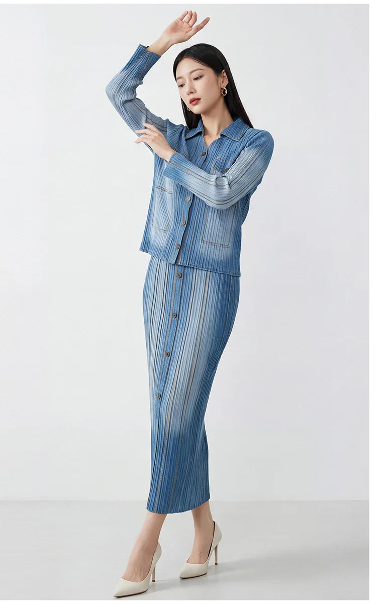 Women's premium denim two-piece suit, featuring a retro gradient cardigan paired with a midi skirt, a fashionable retro style fo