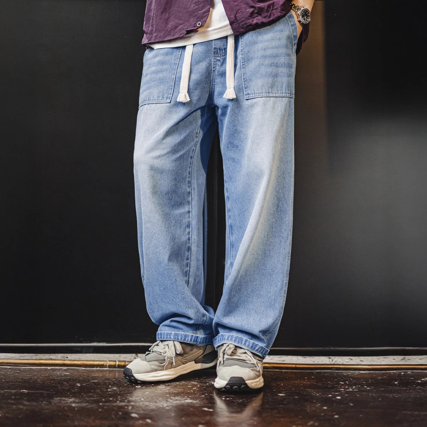 Maden Men's Washed Denim Jeans Wide Leg Straight Pants Elastic Waist Drawstring Loose Fit Casual Trousers for Spring Fall