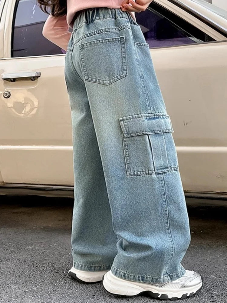 Kids Girls Jeans Pocket Decoration Long Denim Pants Autumn Teenager Children New Sports Casual Straight Trousers For 2-12 Years