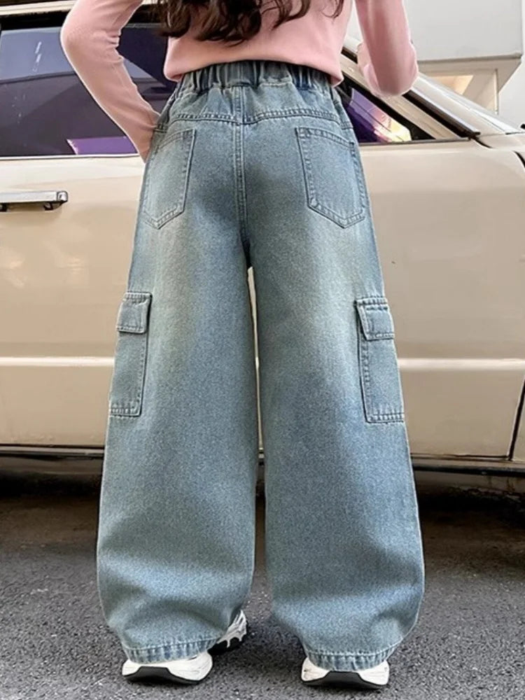Kids Girls Jeans Pocket Decoration Long Denim Pants Autumn Teenager Children New Sports Casual Straight Trousers For 2-12 Years