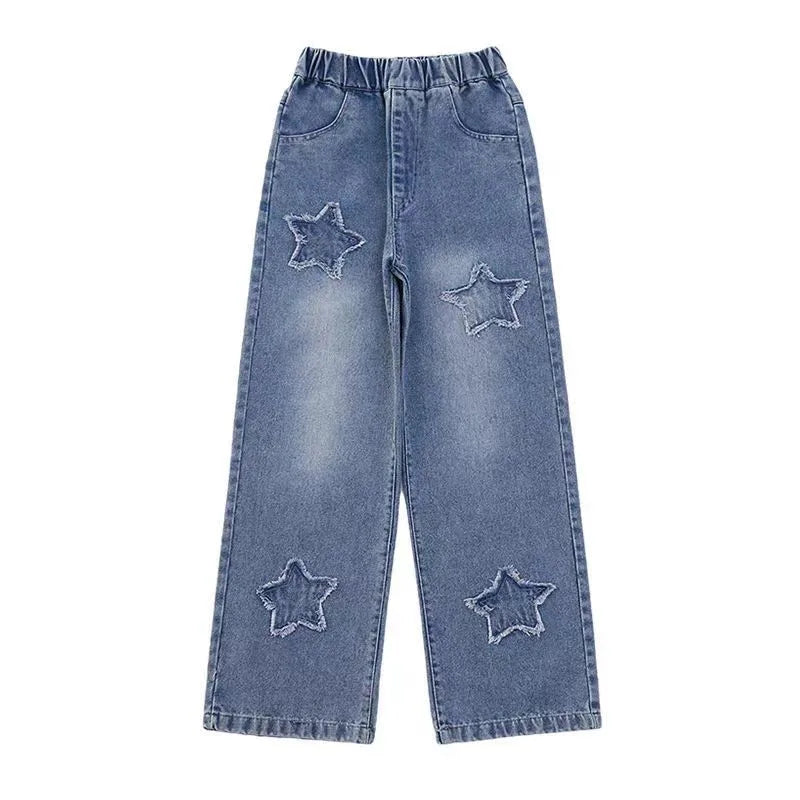 Kids Girls Jeans Pocket Decoration Long Denim Pants Autumn Teenager Children New Sports Casual Straight Trousers For 2-12 Years