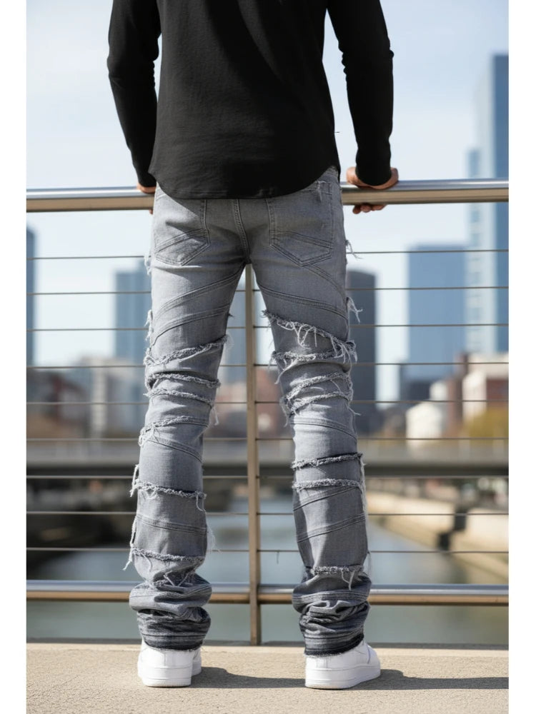 Men's High Street Distressed Stacked Jeans Patchwork Frayed Slim Straight Denim Pants Blue Trendy Fashion Slim Fit Trousers