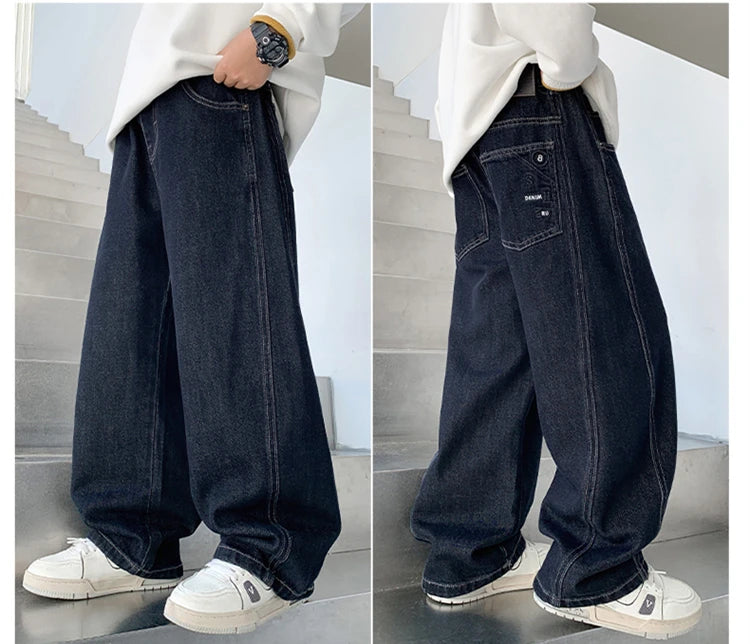 Children Vintage Dark Blue Denim Jeans with Pockets for Teens Boys New Casual Pants Kids High Quality Spring Autumn Trousers