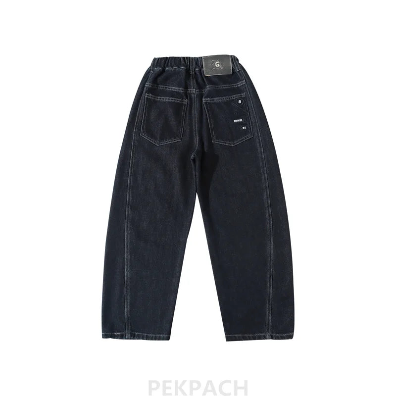 Children Vintage Dark Blue Denim Jeans with Pockets for Teens Boys New Casual Pants Kids High Quality Spring Autumn Trousers