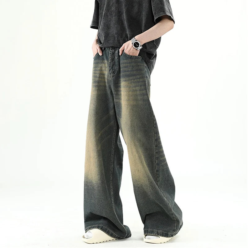 Men Denim Pants Old Blue Washed Male Jeans Straight Casual Menwear Loose Wide Leg Trousers New Fashion Korean High Street Denim