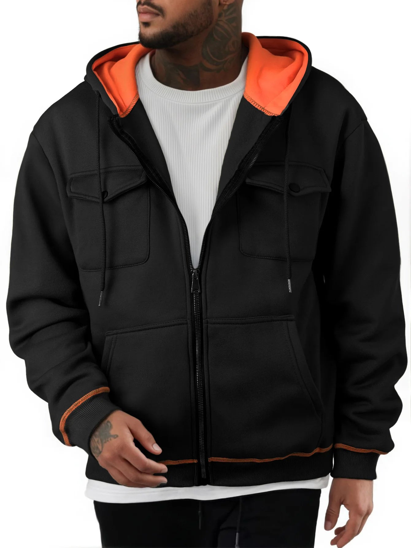 High Street Hoodie Men's Solid Color Chest Two Pocket Zipper Long Sleeve Loose Jacket Jacket Casual Hoodie Y2K
