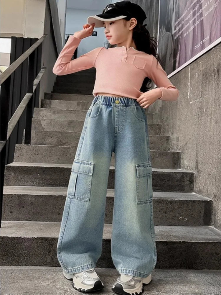 Kids Girls Jeans Pocket Decoration Long Denim Pants Autumn Teenager Children New Sports Casual Straight Trousers For 2-12 Years