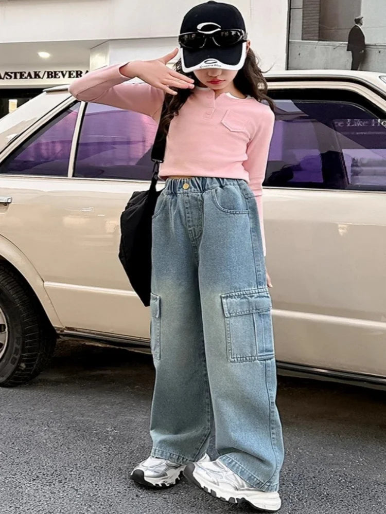 Kids Girls Jeans Pocket Decoration Long Denim Pants Autumn Teenager Children New Sports Casual Straight Trousers For 2-12 Years