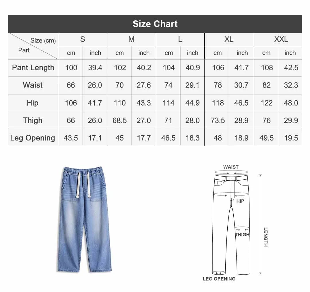 Maden Men's Washed Denim Jeans Wide Leg Straight Pants Elastic Waist Drawstring Loose Fit Casual Trousers for Spring Fall