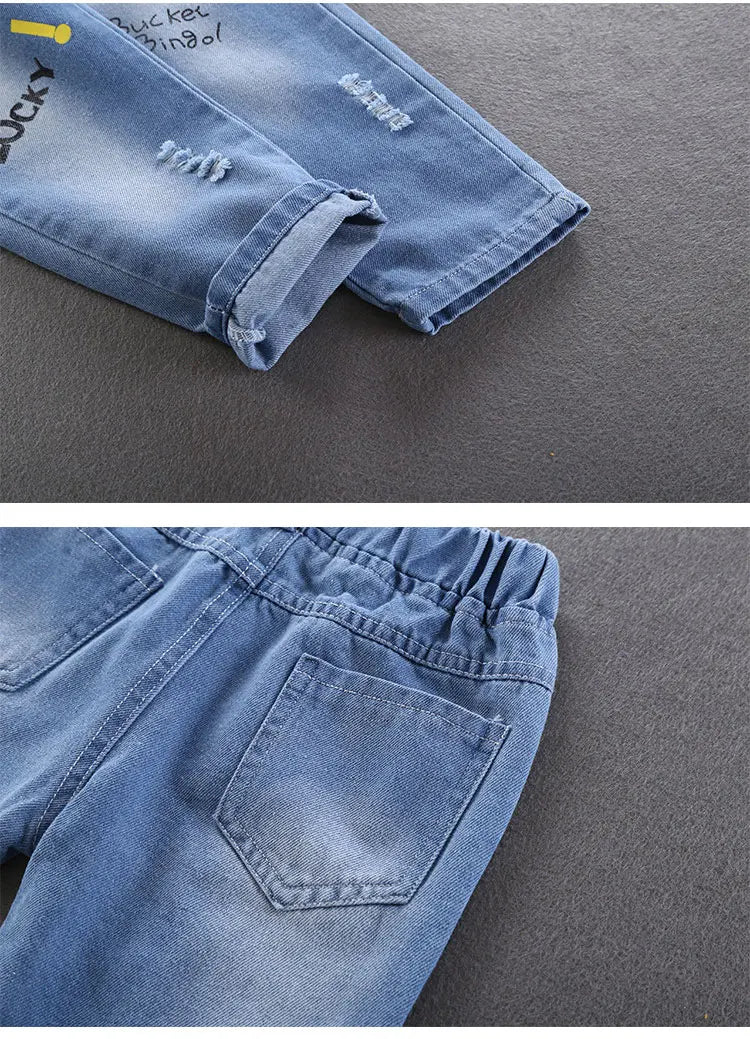 Children Jeans Boys Cotton Print Splice Stretch Denim Pants Korean Teenage Trousers Wear Kids ClothingDenimRipped Spring Autum