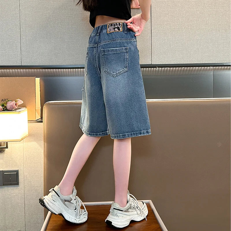 Kids New Summer Denim Shorts For Teen Girls Casual Knee-Length Jeans with Hole Elegant Teenage Child Fashion Shorts Pants 5-14T