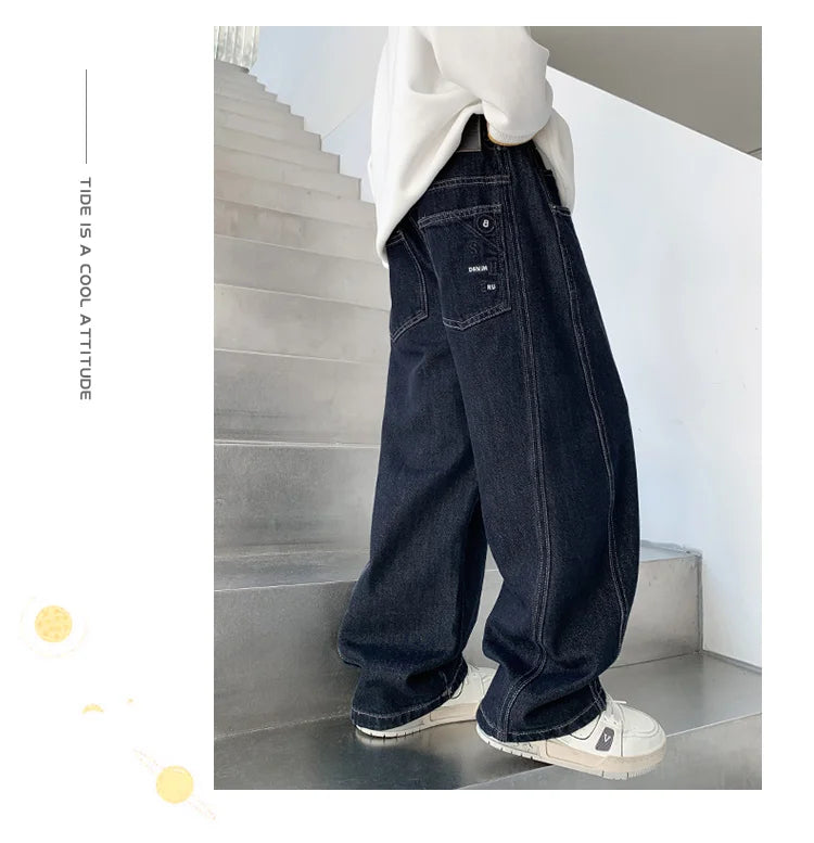 Children Vintage Dark Blue Denim Jeans with Pockets for Teens Boys New Casual Pants Kids High Quality Spring Autumn Trousers