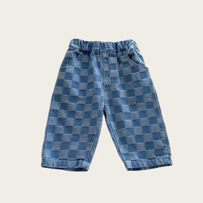 0-5Y Korean Children's Denim Pants Clothes 2026 Checkered Jeans with Stylish and Comfortable Fashion for Little Kids Trousers