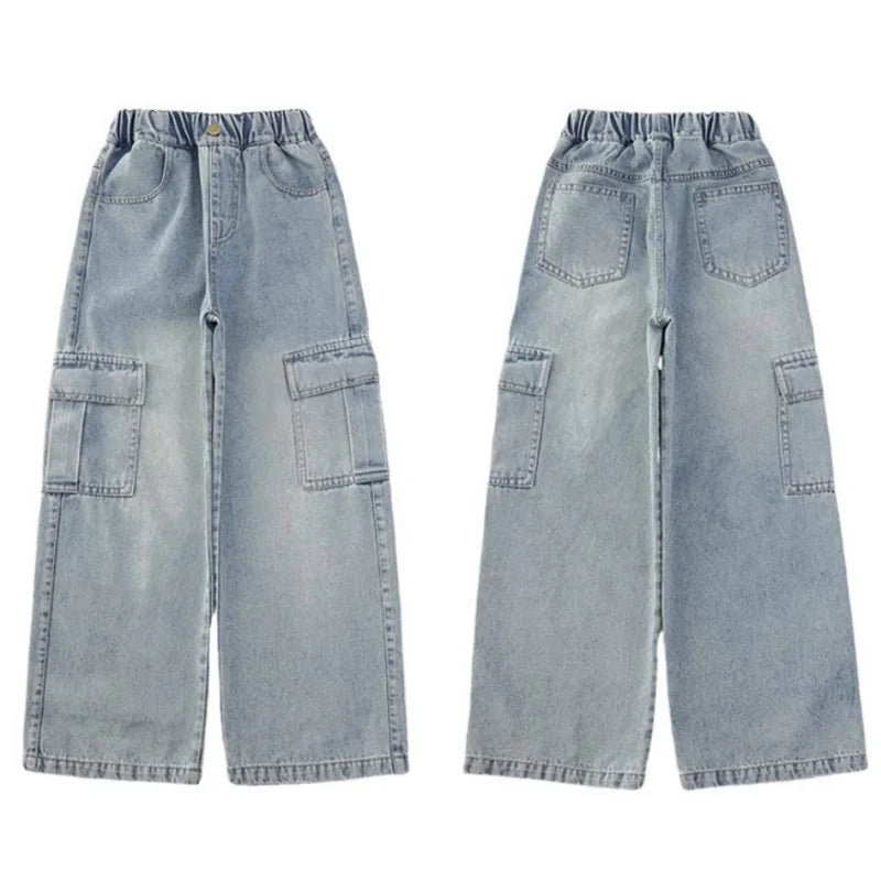 Kids Girls Jeans Pocket Decoration Long Denim Pants Autumn Teenager Children New Sports Casual Straight Trousers For 2-12 Years