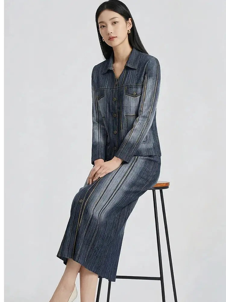 Women's premium denim two-piece suit, featuring a retro gradient cardigan paired with a midi skirt, a fashionable retro style fo