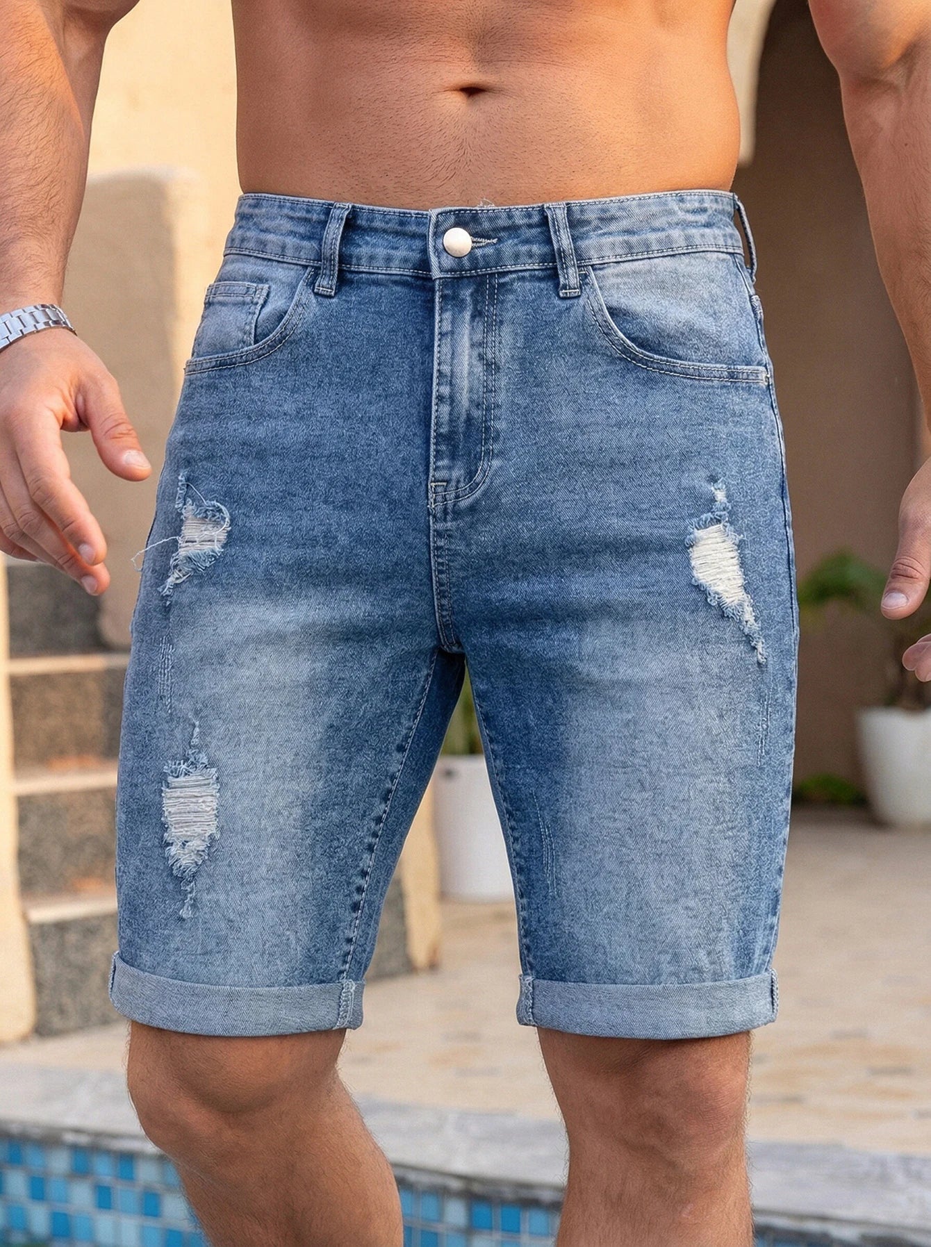 Men Pants Jeans Clothing Denim Trousers Shorts Men's Summer Medium Wash Ripped Distressed Denim Shorts Casual Streetwear Rolled