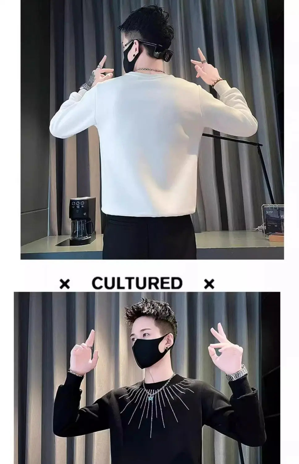 Studded Hoodie Men White Round Neck Long Sleeve T Shirt Trendy Pullover Streetwear Top