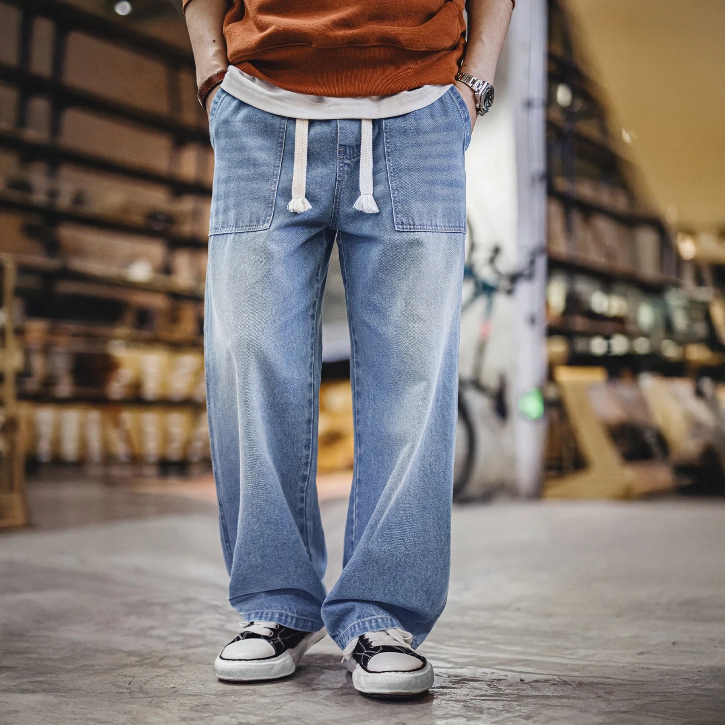 Maden Men's Washed Denim Jeans Wide Leg Straight Pants Elastic Waist Drawstring Loose Fit Casual Trousers for Spring Fall