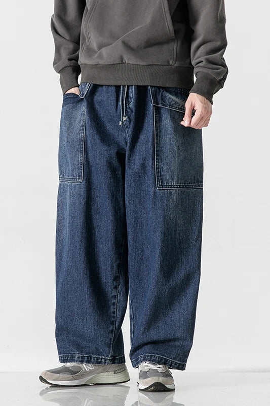 2023 Men Straight Denim Pants Men Blue Jeans Loose Trousers Male Causal Oversize Wide Leg Pants Elastic Waist Black Jeans