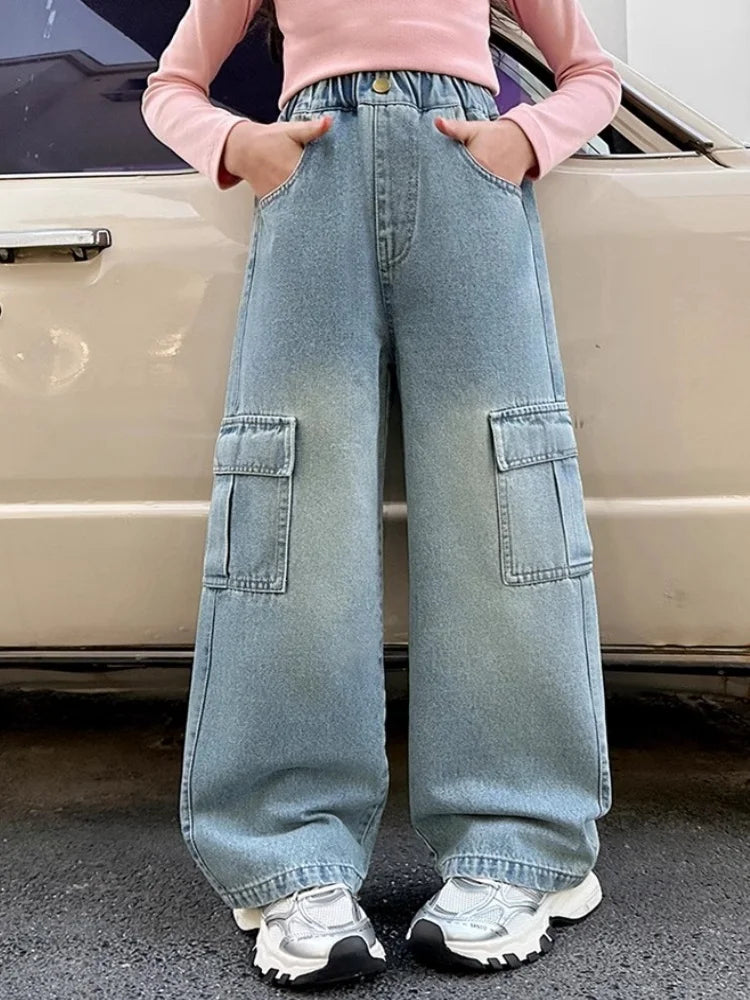 Kids Girls Jeans Pocket Decoration Long Denim Pants Autumn Teenager Children New Sports Casual Straight Trousers For 2-12 Years
