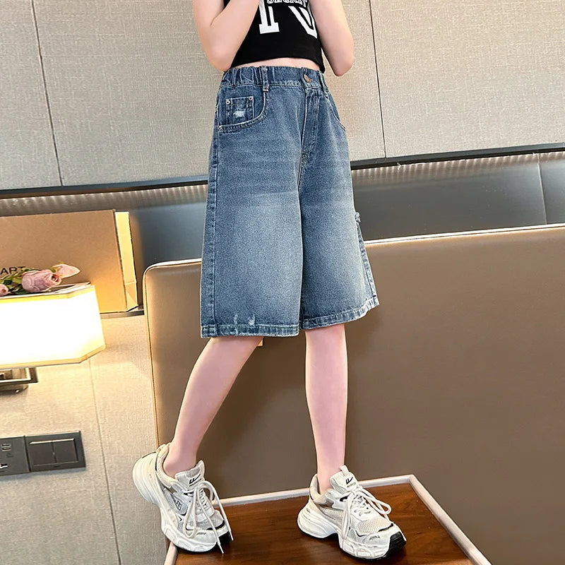 Kids New Summer Denim Shorts For Teen Girls Casual Knee-Length Jeans with Hole Elegant Teenage Child Fashion Shorts Pants 5-14T