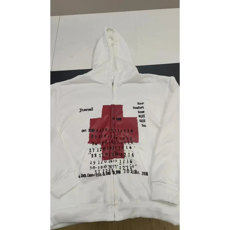 Mens Hoodie Vintage Y2K Streetwear Pullover Gray Sweatshirt Red Cross Print Distressed Style Long Sleeve Casual Dark Fashion