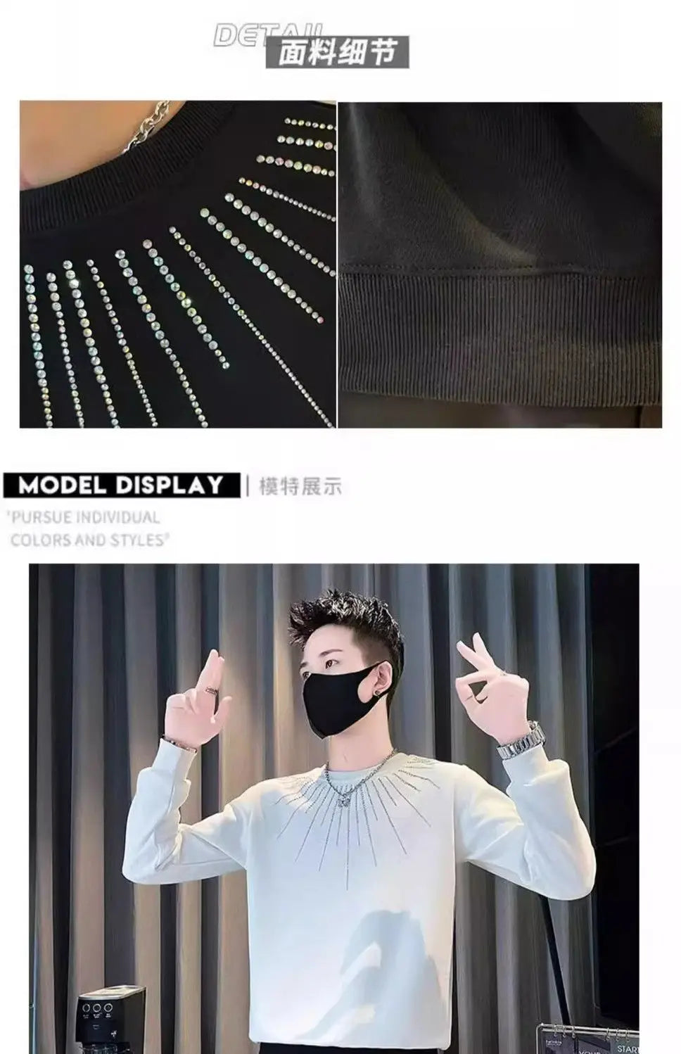 Studded Hoodie Men White Round Neck Long Sleeve T Shirt Trendy Pullover Streetwear Top