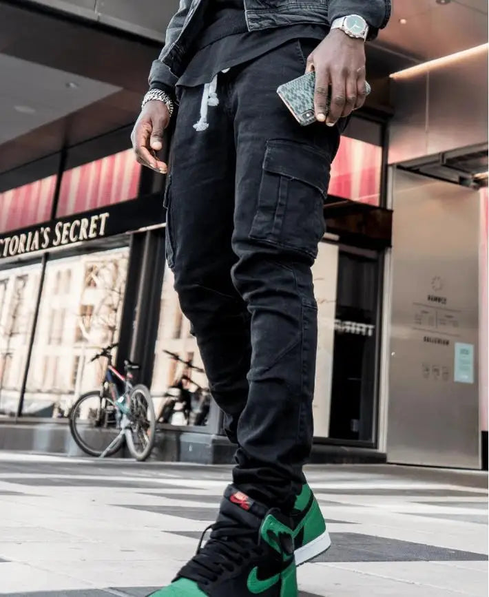 Men's street elastic denim work pants washed solid color multi pocket casual mid waist pants slim fit daily wear jogging pants