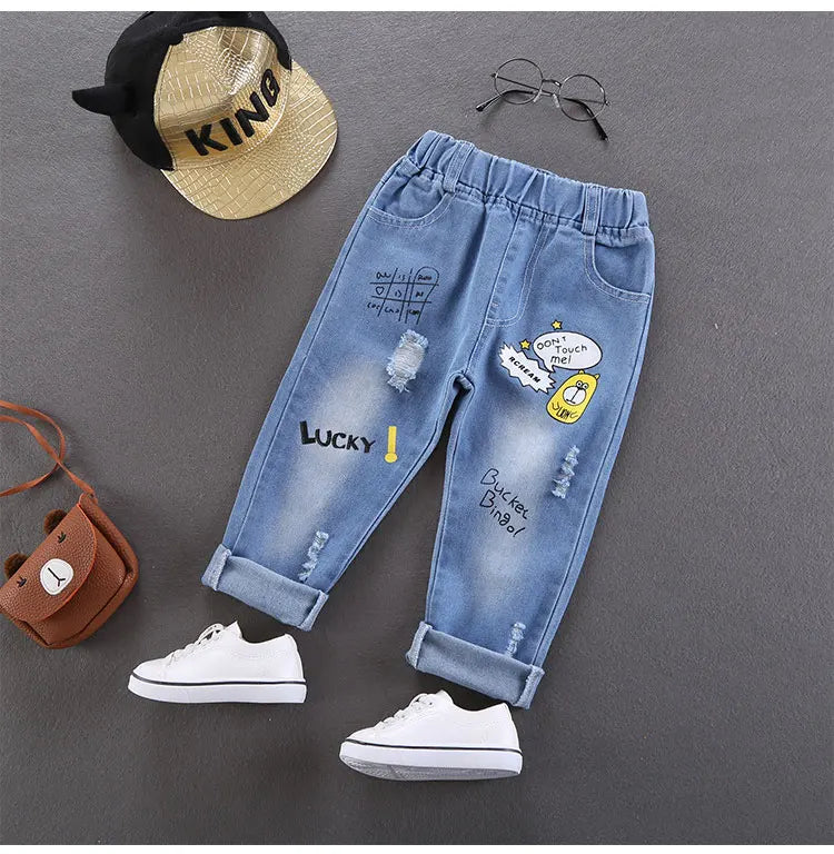 Children Jeans Boys Cotton Print Splice Stretch Denim Pants Korean Teenage Trousers Wear Kids ClothingDenimRipped Spring Autum