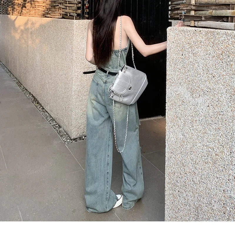 Women's Casual Denim Overalls Vintage Button Down Sexy Backless Holes Hollow Out Ripped Denim Full Pants Female 2024 New Jeans