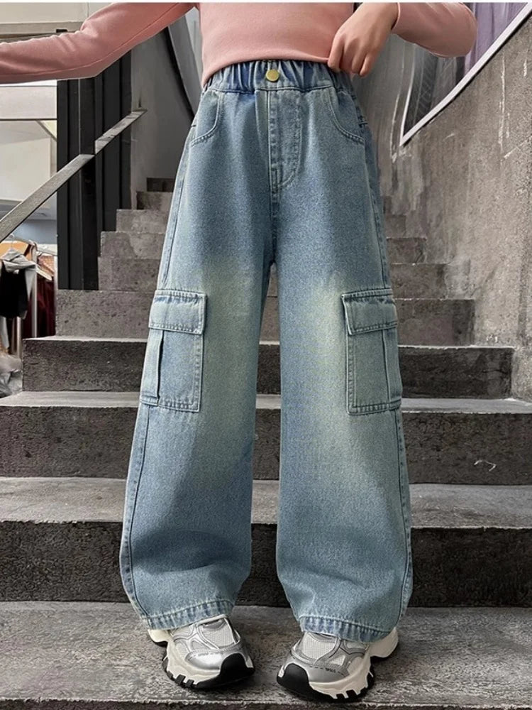 Kids Girls Jeans Pocket Decoration Long Denim Pants Autumn Teenager Children New Sports Casual Straight Trousers For 2-12 Years