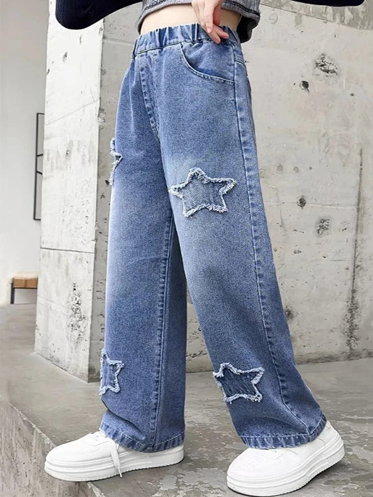 Kids Girls Jeans Pocket Decoration Long Denim Pants Autumn Teenager Children New Sports Casual Straight Trousers For 2-12 Years