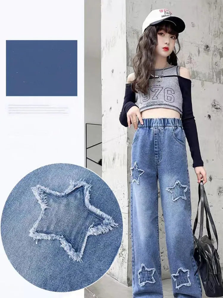Kids Girls Jeans Pocket Decoration Long Denim Pants Autumn Teenager Children New Sports Casual Straight Trousers For 2-12 Years