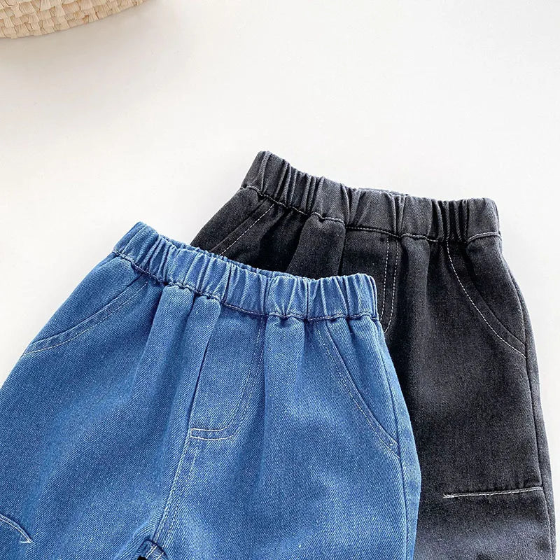 Kids Jeans 9M-5T Children Girls Solid Color Denim Blue Pants Baby Boys Cute Casual Trousers