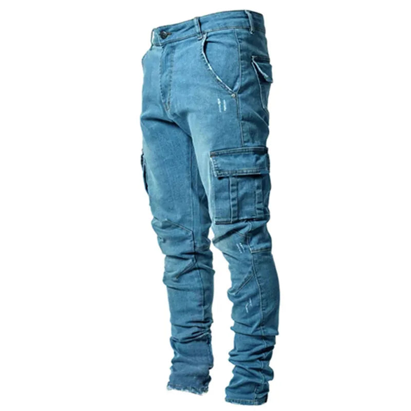Men's street elastic denim work pants washed solid color multi pocket casual mid waist pants slim fit daily wear jogging pants